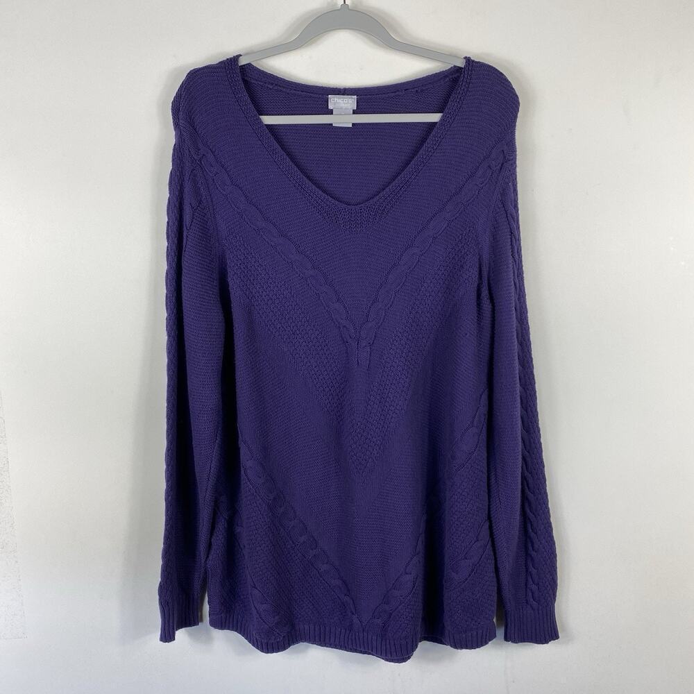 Chico's Zenergy Sweater XL 3 16 Purple Cotton Cashmere Texture V-Neck Tunic